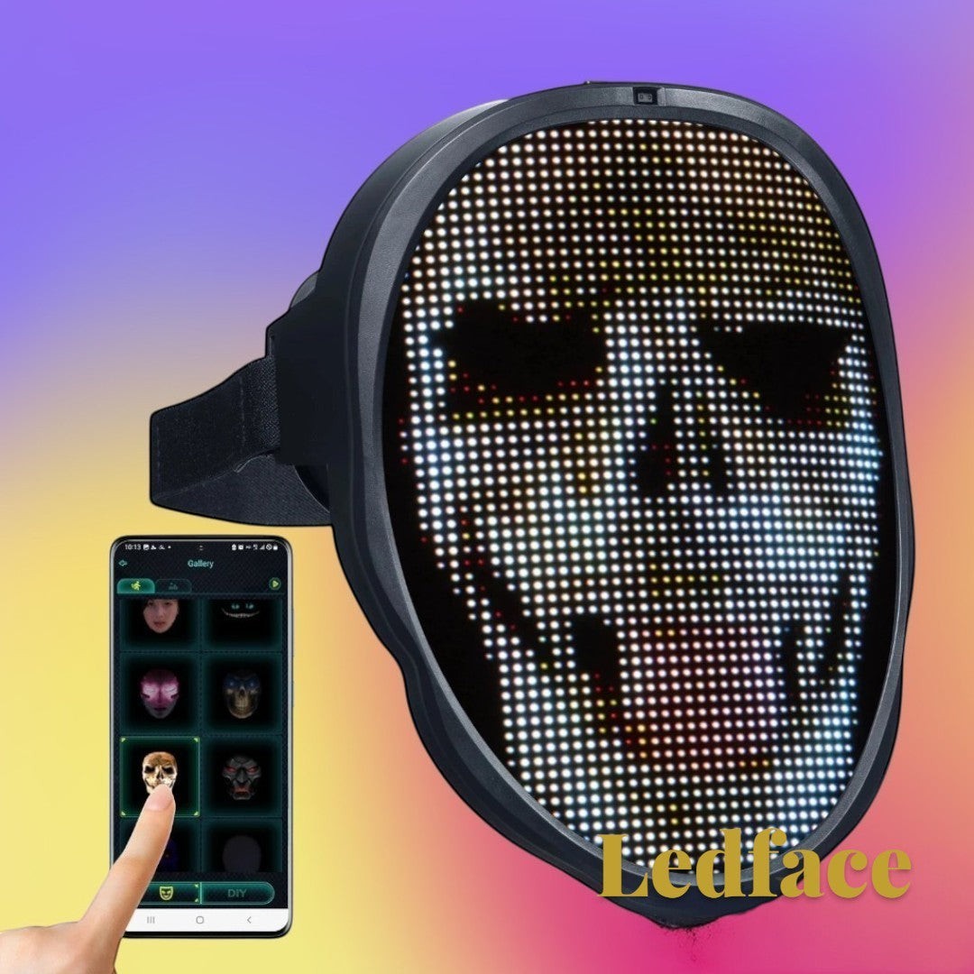 Gr8est Ledface Bluetooth RGB LED mask displaying a skull graphic, controlled via a smartphone app for cosplay events.