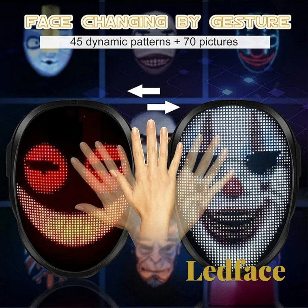 Gr8est Ledface Bluetooth RGB LED mask showing gesture-controlled dynamic patterns and clown face display