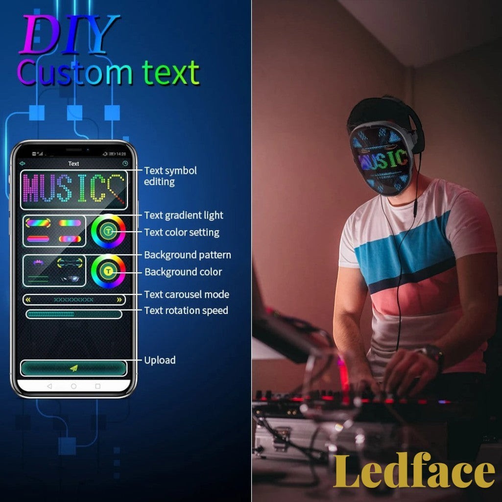Gr8est Ledface Bluetooth RGB LED mask showing custom music text on a DJ wearing headphones in a dark studio setting