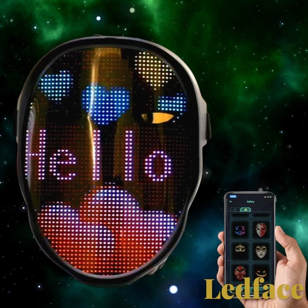 Gr8est Ledface Bluetooth RGB LED mask displaying Hello text and hearts, controlled via smartphone app for cosplay.