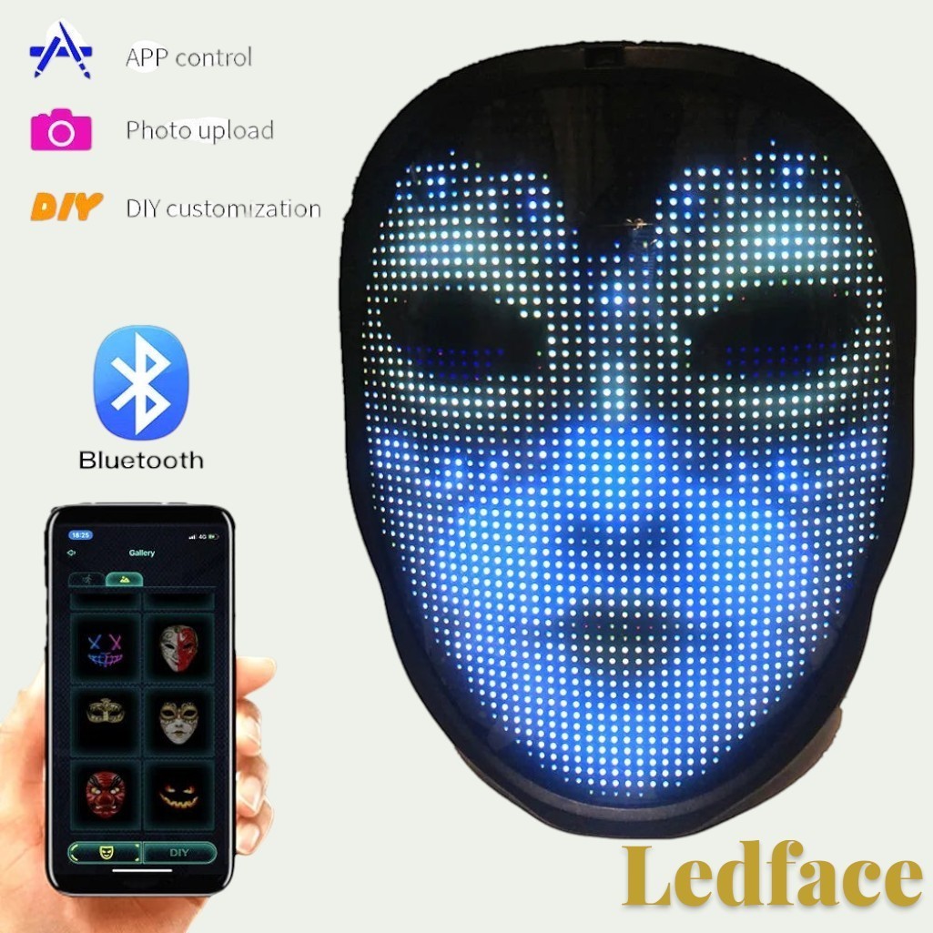 Gr8est Ledface Bluetooth RGB LED mask showing a blue digital face display controlled by a smartphone app