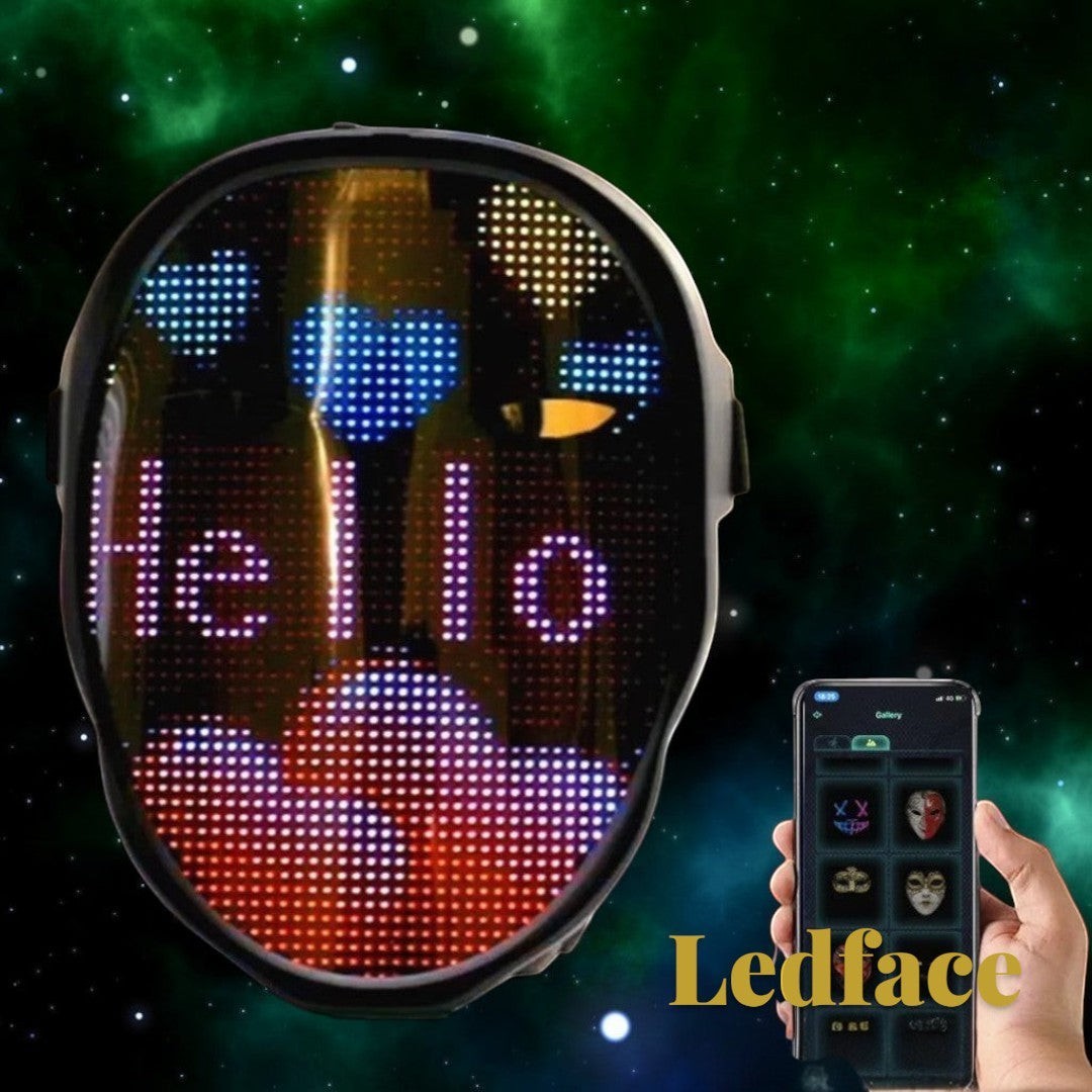 Gr8est Ledface Bluetooth RGB LED mask displaying Hello text and hearts, controlled via smartphone app for cosplay.