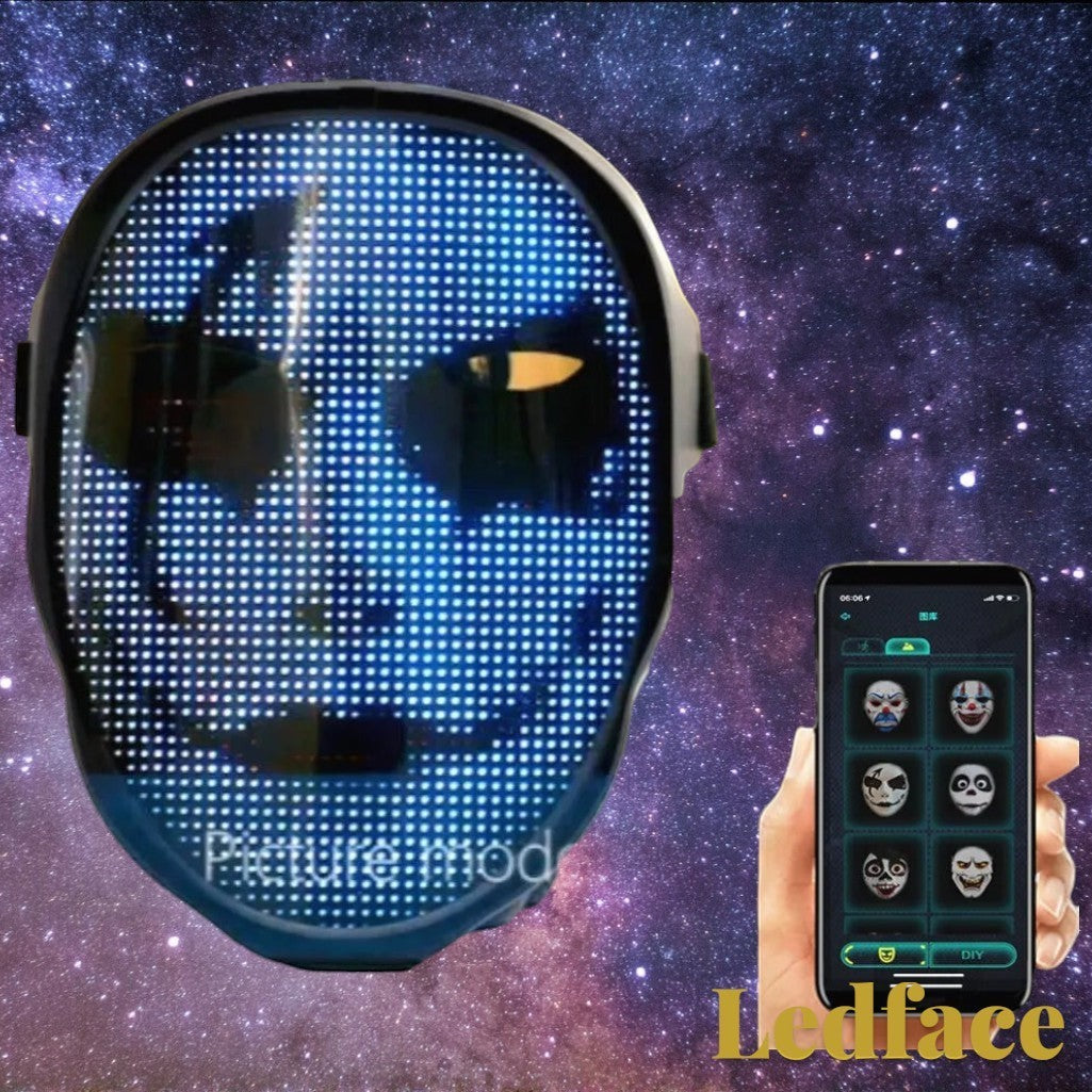 Gr8est Ledface Bluetooth RGB LED mask displaying a blue digital face pattern with a smartphone app interface