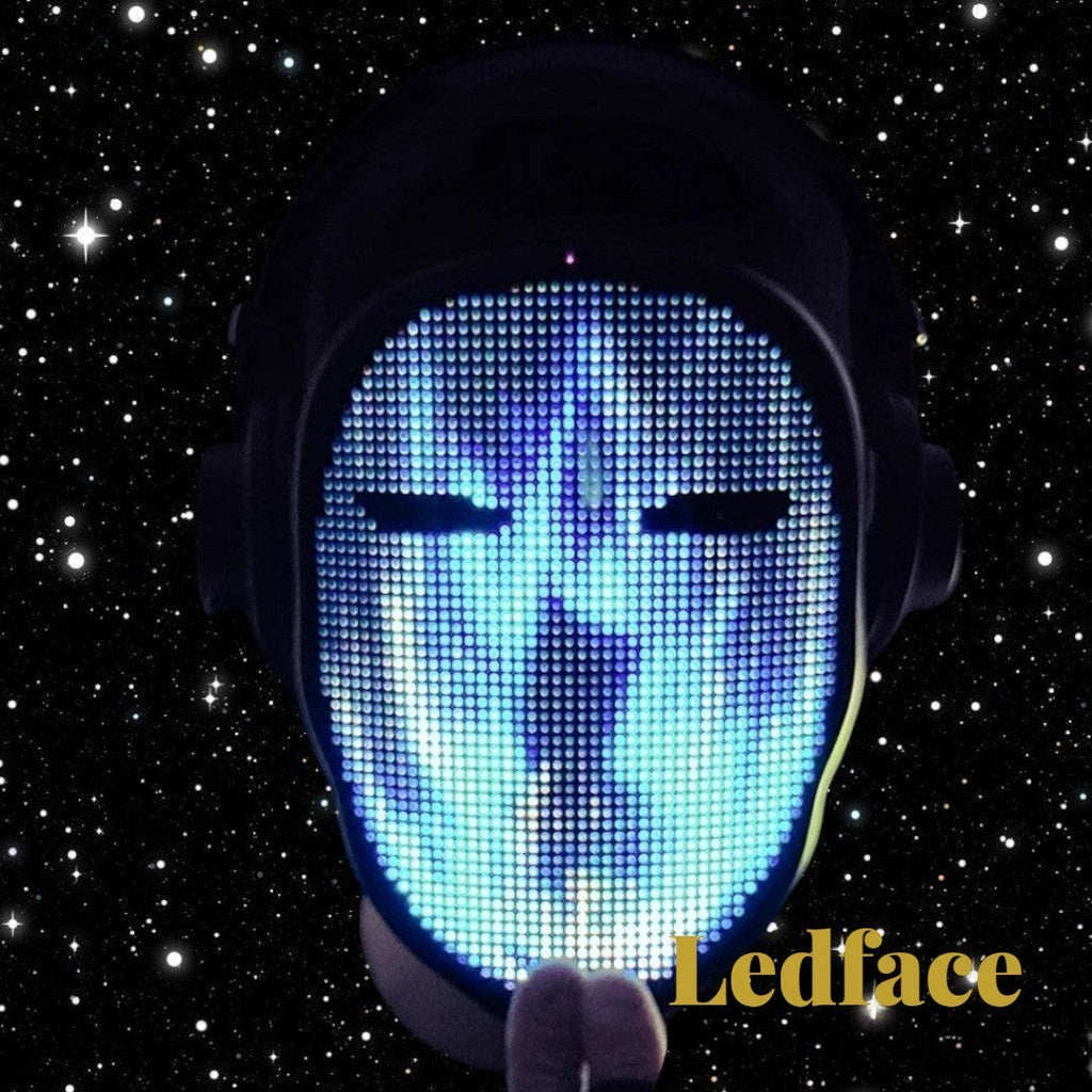 Gr8est Ledface Bluetooth RGB LED mask displaying a glowing blue digital face against a starry space background.