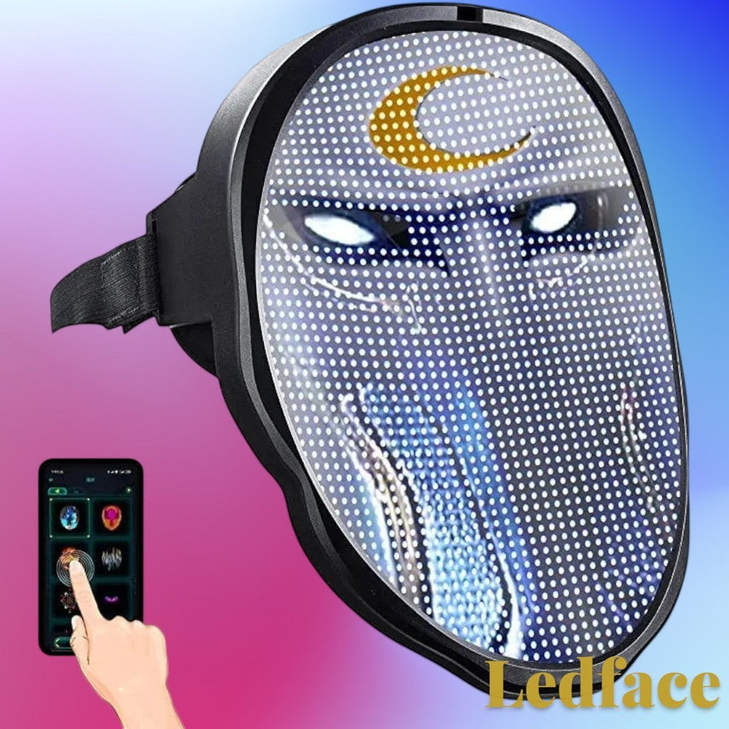 Gr8est Ledface Bluetooth RGB LED mask displaying a crescent moon and glowing eyes, controlled via smartphone app.