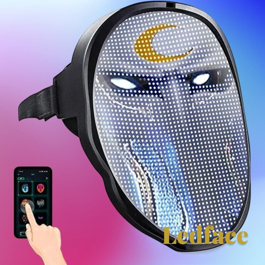Gr8est Ledface Bluetooth RGB LED mask displaying a crescent moon and glowing eyes, controlled via smartphone app.