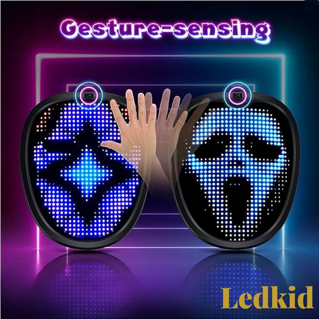 Gr8est Ledface gesture-sensing LED light-up mask displaying dynamic blue patterns for Halloween and cosplay costumes.