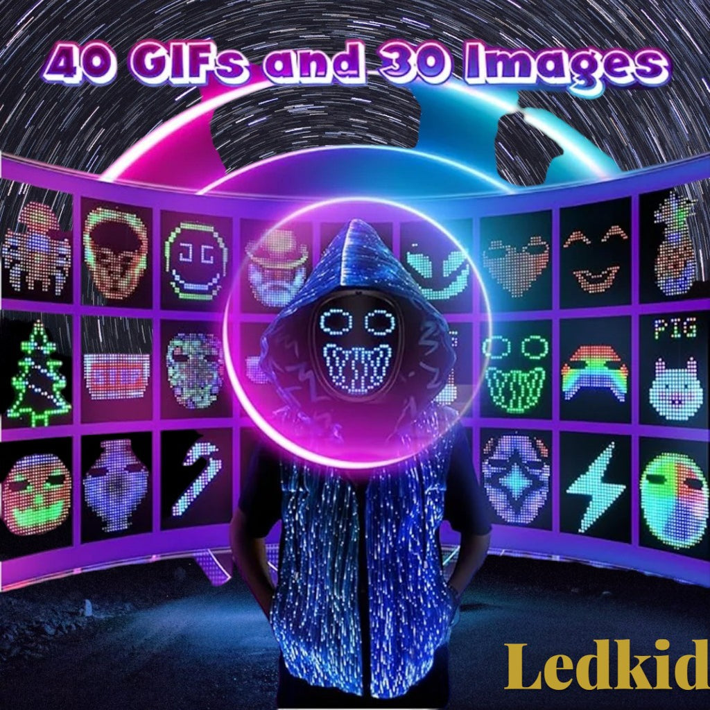 Gr8est Ledface LED light-up mask with gesture sensing, displaying dynamic patterns against a digital background.
