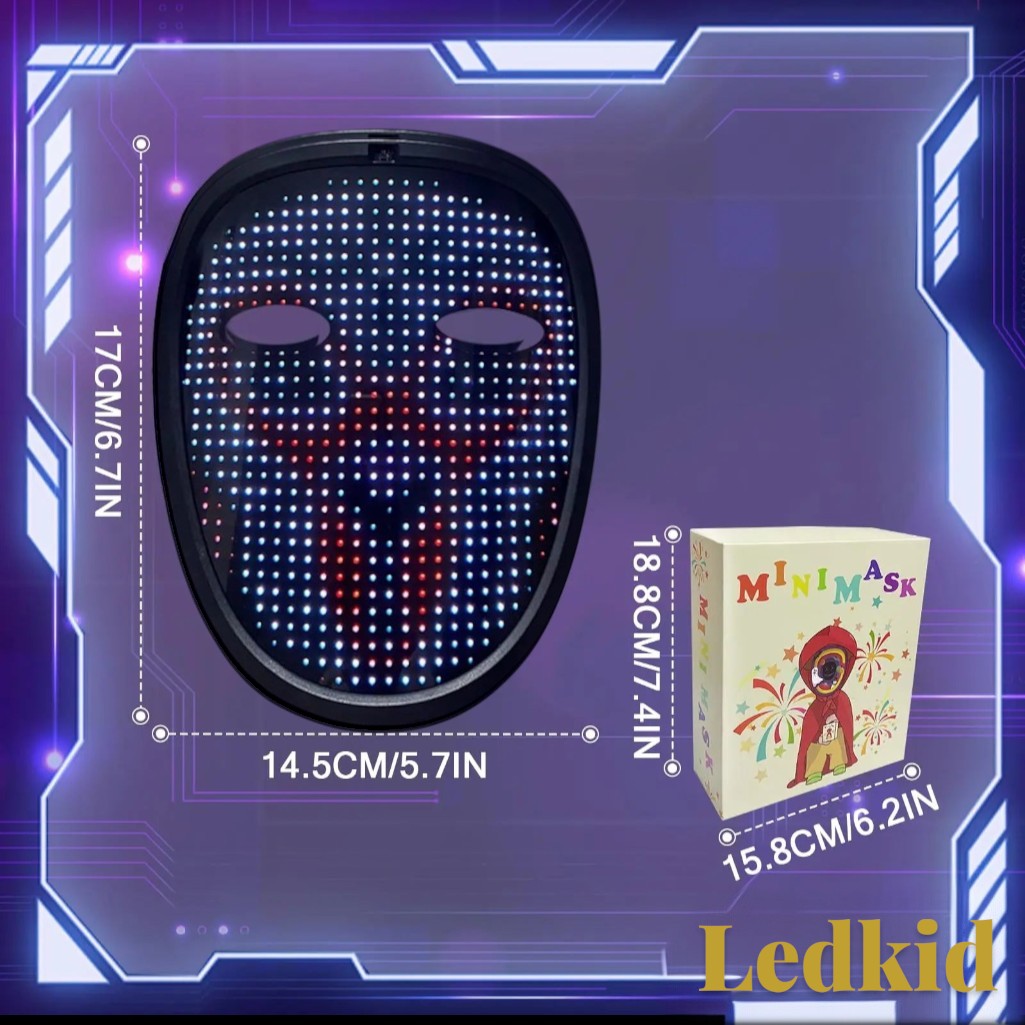 Gr8est Ledface LED light-up mask with gesture sensing technology and vibrant display, shown with its product packaging.