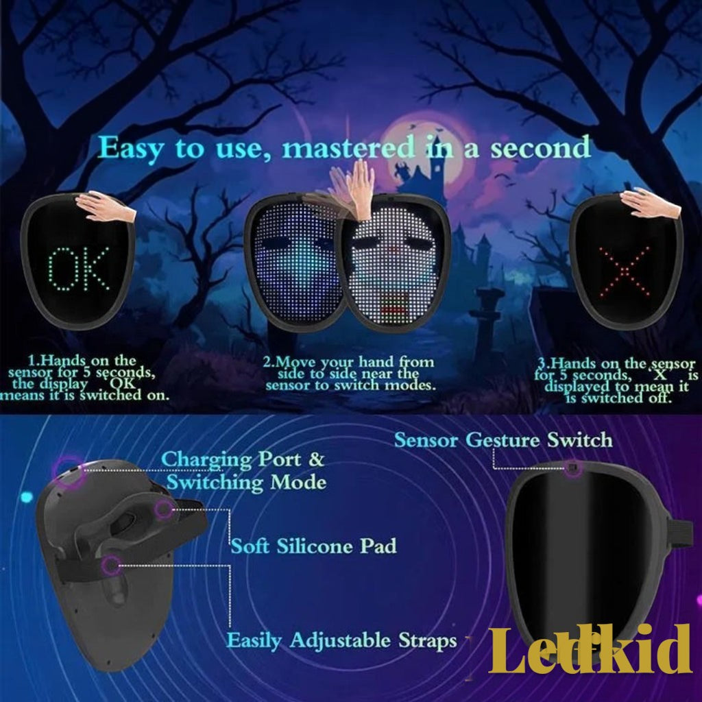 Gr8est Ledface LED light-up mask showing gesture sensing instructions and features for Halloween and cosplay costumes.