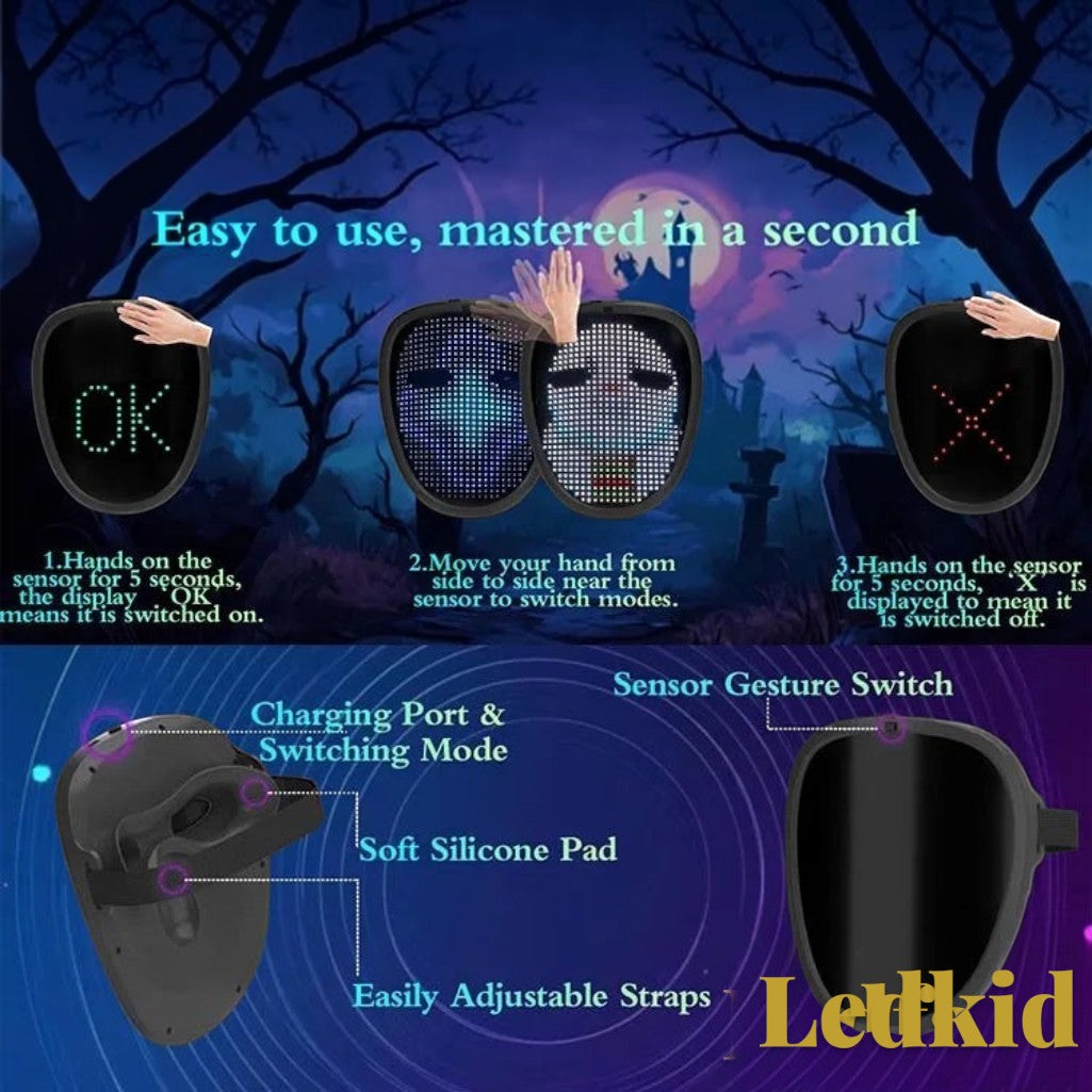 Gr8est Ledface LED light-up mask showing gesture sensing instructions and features for Halloween and cosplay costumes.