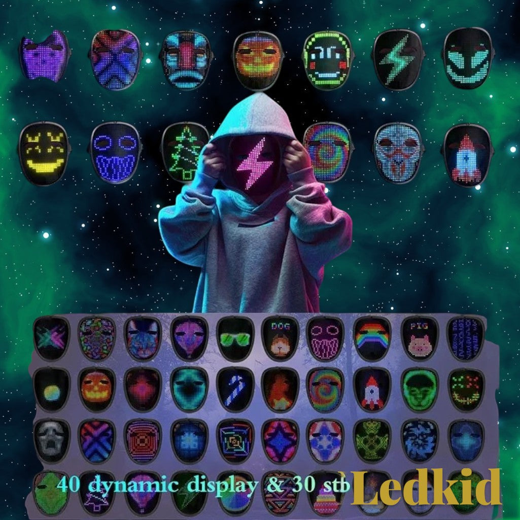 Gr8est Ledface LED mask with gesture sensing, showing various dynamic light patterns for Halloween and cosplay.