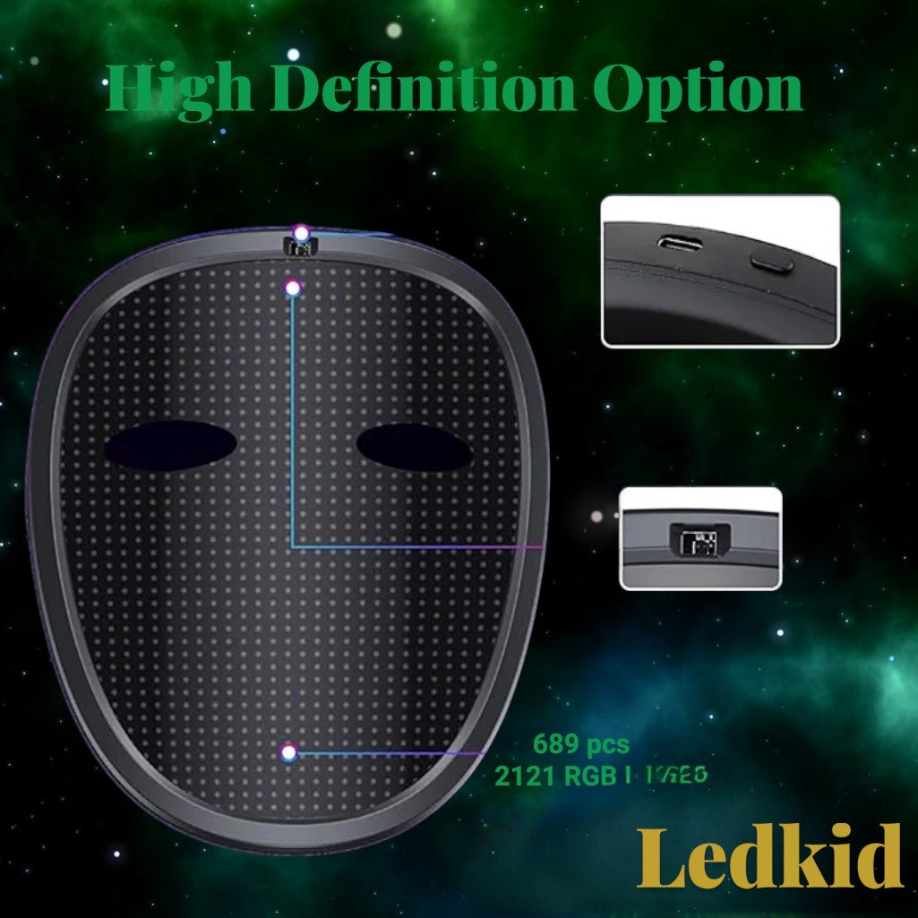 Gr8est Ledface full-face LED mask with gesture sensing and 689 RGB lights for Halloween and cosplay costumes.