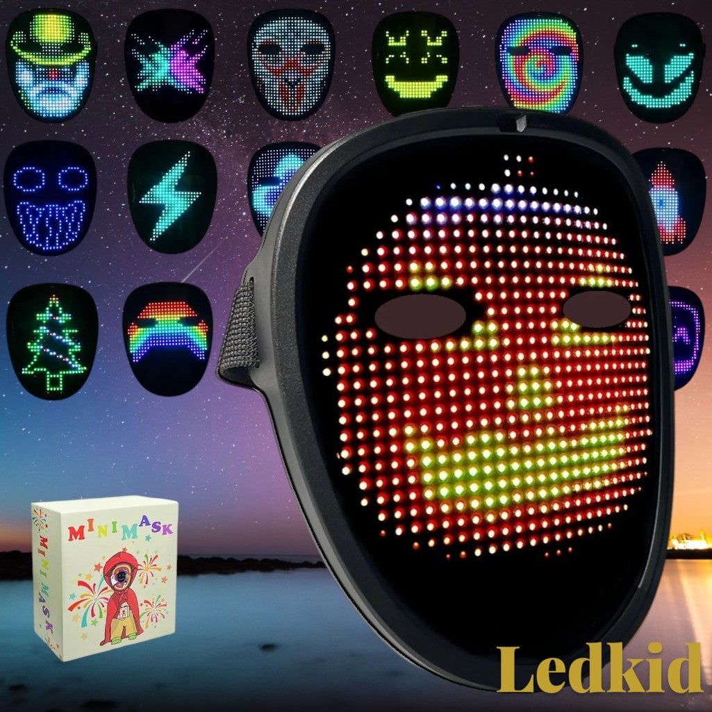 Gr8est Ledface full-face LED mask displaying a glowing pumpkin pattern with various other digital light designs.