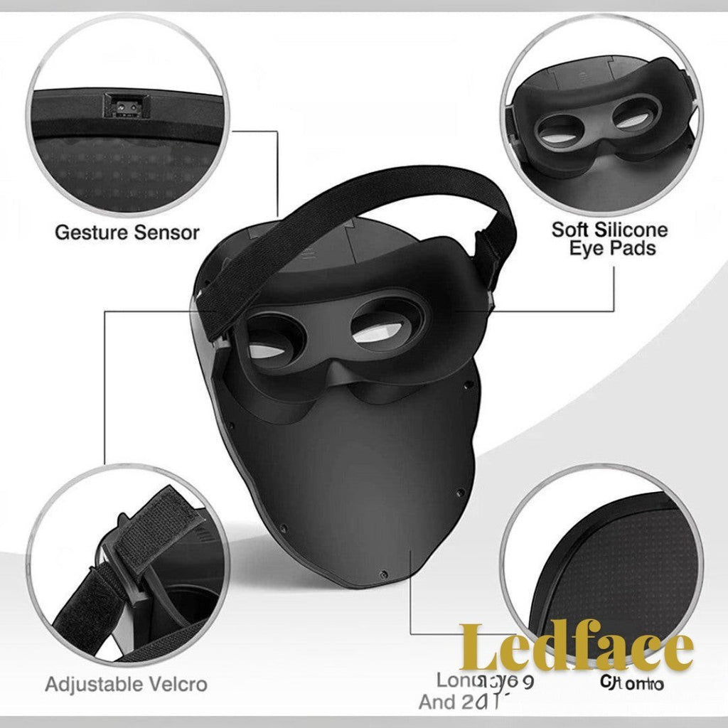 Gr8est Ledface Bluetooth RGB LED mask showing interior features like soft silicone eye pads, gesture sensor, and strap.