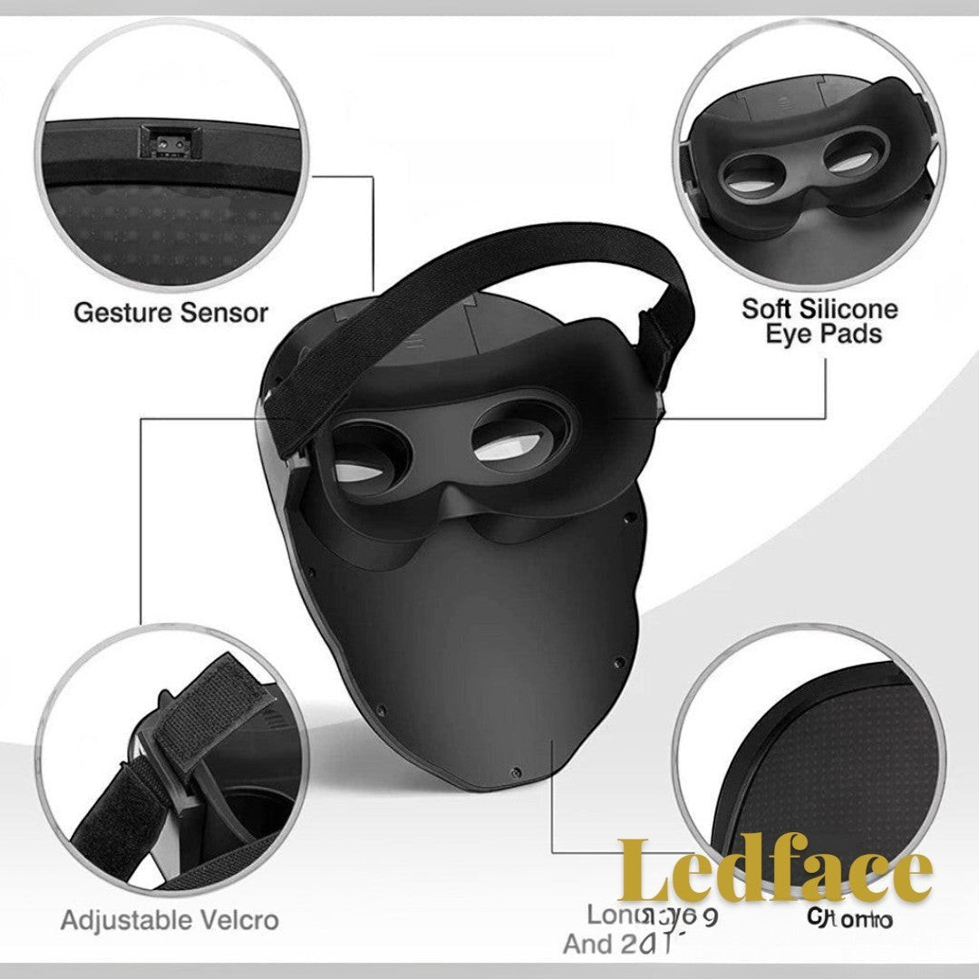 Gr8est Ledface Bluetooth RGB LED mask showing interior features like soft silicone eye pads, gesture sensor, and strap.