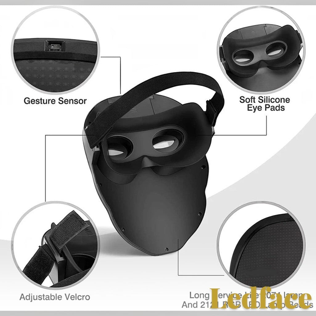 Gr8est Ledface Bluetooth RGB LED mask showing interior features like soft silicone eye pads, gesture sensor, and strap.