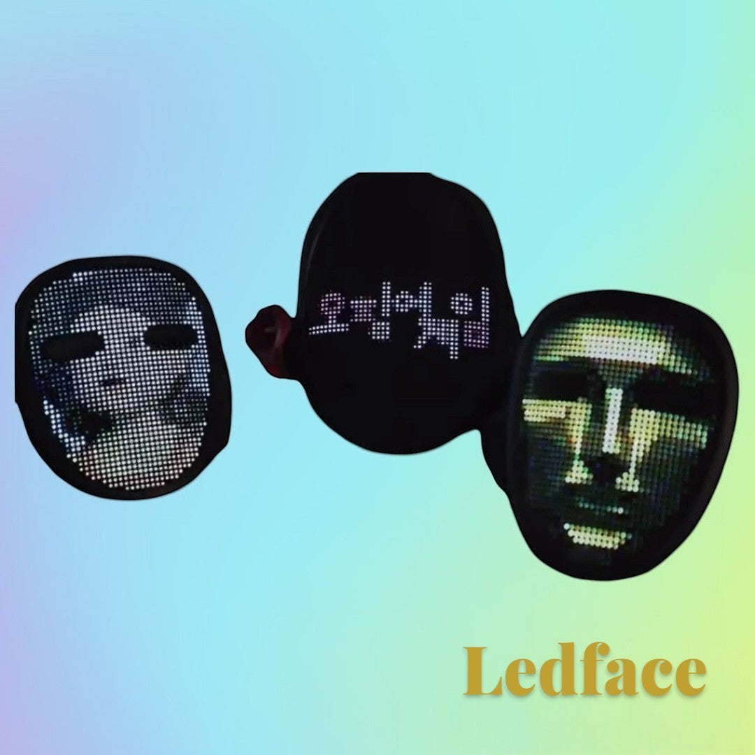 Gr8est Ledface programmable RGB LED masks displaying various digital patterns and text for cosplay and parties