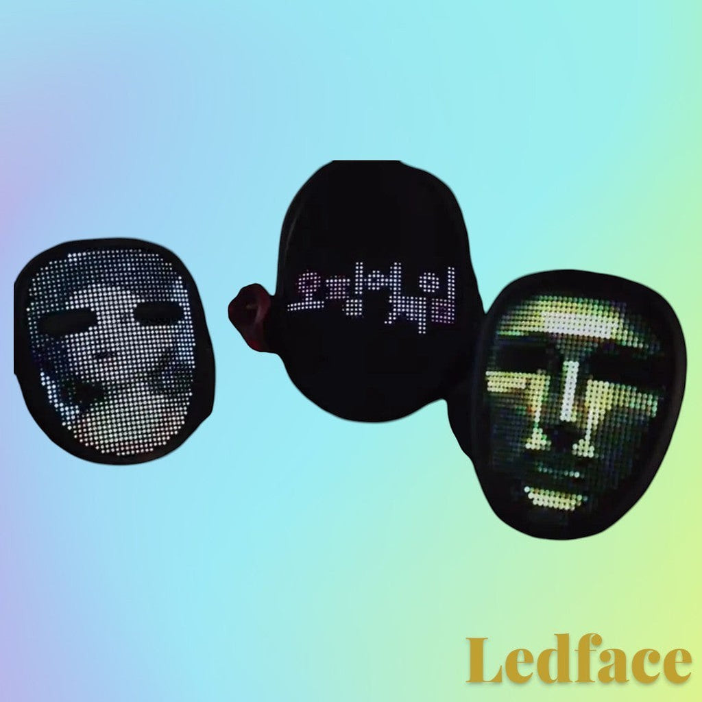 Gr8est Ledface programmable RGB LED masks displaying various digital patterns and text for cosplay and parties