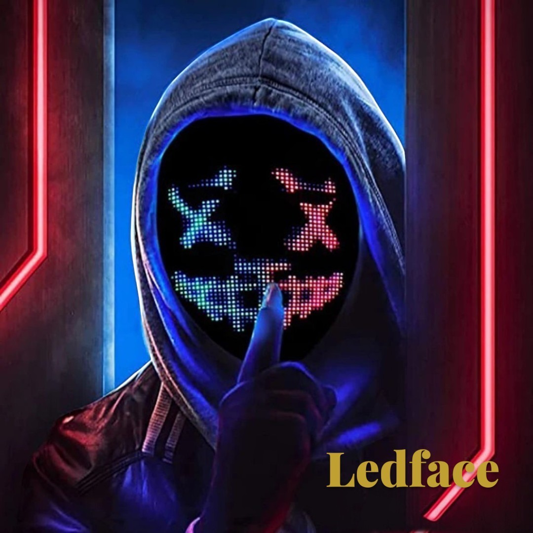 Gr8est Ledface programmable RGB LED mask worn by a person in a hoodie, displaying a glowing digital face design.