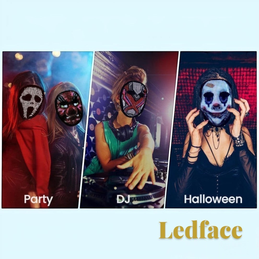 Gr8est Ledface programmable RGB LED mask showing various digital faces for parties, DJ sets, and Halloween costumes.