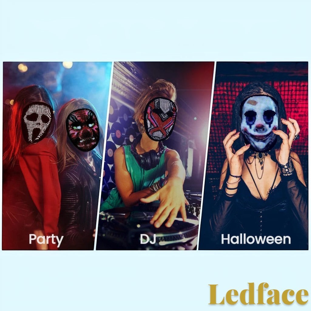 Gr8est Ledface programmable RGB LED mask showing various digital faces for parties, DJ sets, and Halloween costumes.