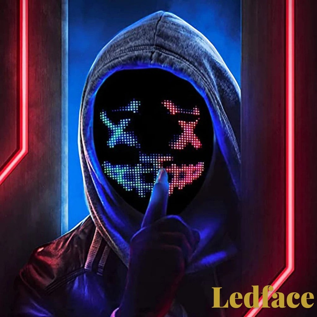 Gr8est Ledface programmable RGB LED mask worn by a person in a hoodie, displaying a glowing digital face design.