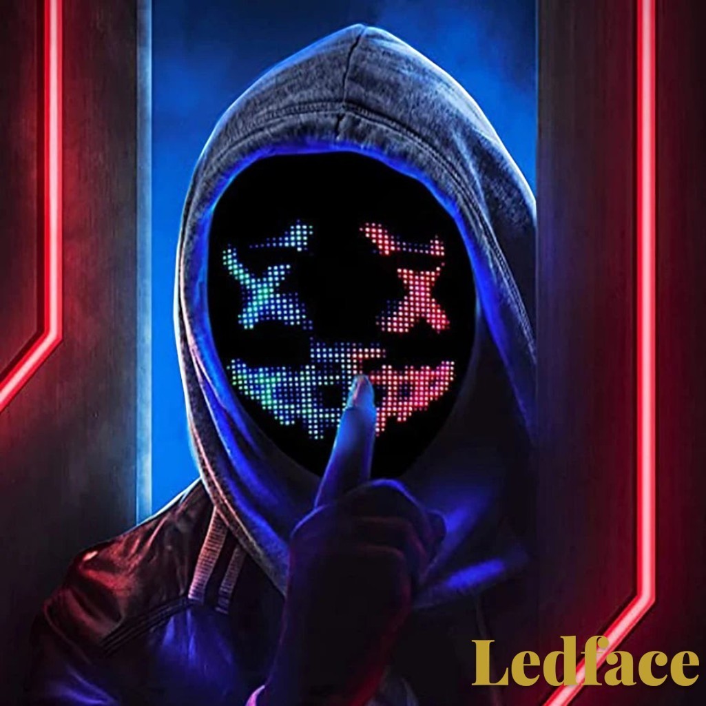 Gr8est Ledface programmable RGB LED mask worn by a person in a hoodie, displaying a glowing digital face design.