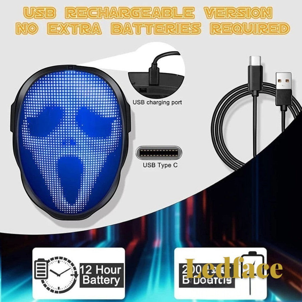Gr8est Ledface rechargeable Bluetooth RGB LED mask showing a blue ghost display with USB-C charging cable and battery info