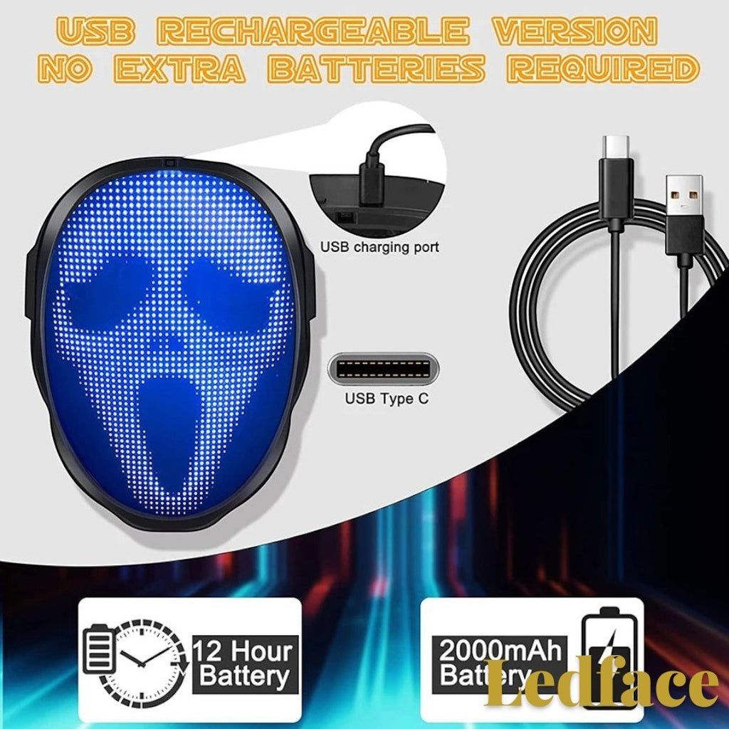 Gr8est Ledface rechargeable Bluetooth RGB LED mask showing a blue ghost display with USB-C charging cable and battery info