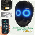 Gr8est Ledface Bluetooth RGB LED mask showing blue eyes, with app control, USB-C charging, and lithium battery.