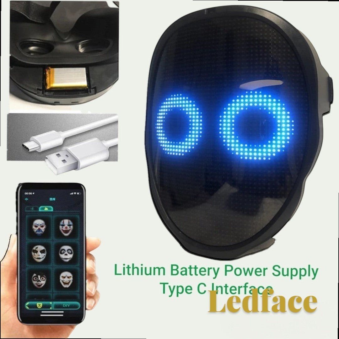Gr8est Ledface Bluetooth RGB LED mask showing blue eyes, with app control, USB-C charging, and lithium battery.