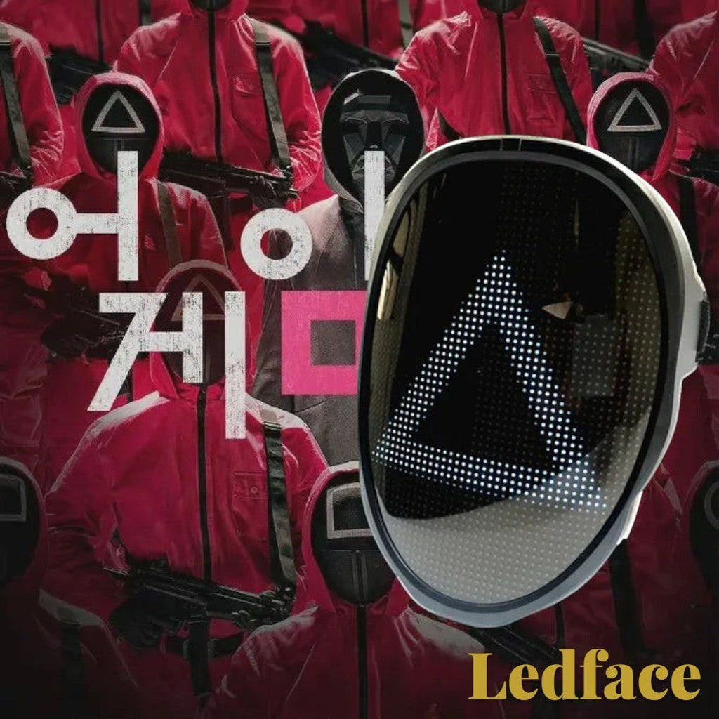 Gr8est Ledface Bluetooth RGB LED mask displaying a white triangle pattern, perfect for cosplay and parties.