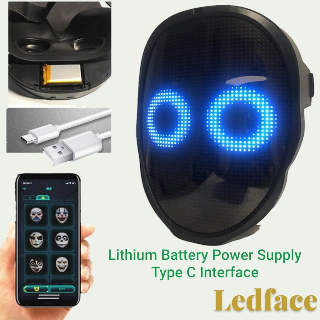 Gr8est Ledface Bluetooth RGB LED mask showing blue eyes, with app control, USB-C charging, and lithium battery.