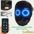 Gr8est Ledface Bluetooth RGB LED mask showing blue eyes, with app control, USB-C charging, and lithium battery.
