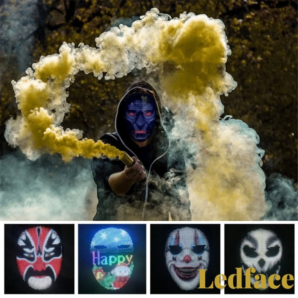 Gr8est Ledface programmable RGB LED mask worn by a person in a hoodie surrounded by yellow smoke for cosplay events.