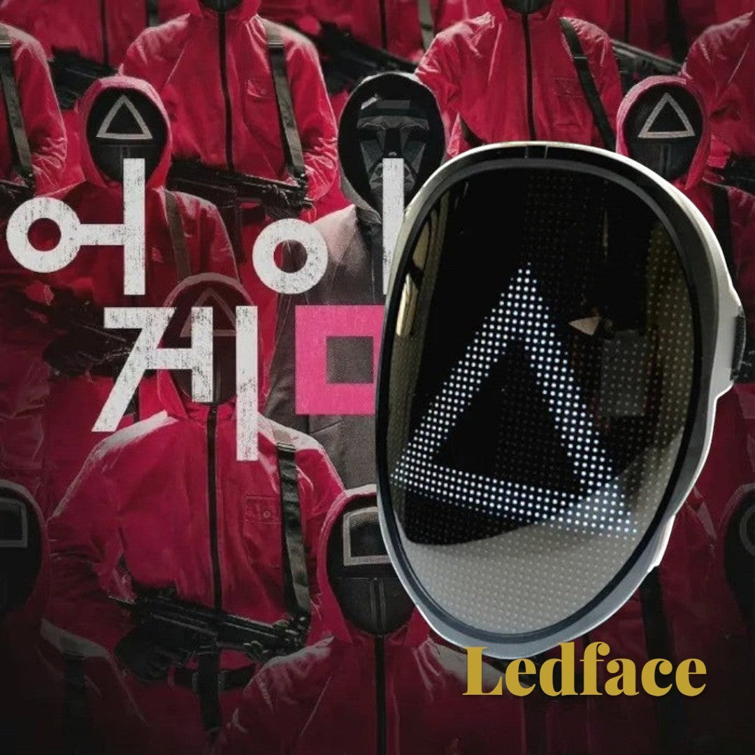 Gr8est Ledface Bluetooth RGB LED mask displaying a white triangle pattern, perfect for cosplay and parties.