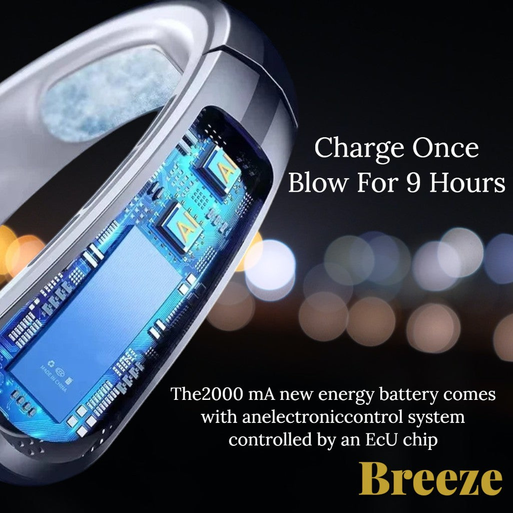 Gr8est Lenovo Breeze portable neck fan featuring an internal electronic control chip and long-lasting battery