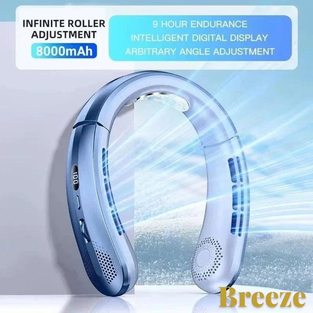 Gr8est Lenovo Breeze portable blue neck fan with digital display, 8000mAh battery, and adjustable airflow vents.