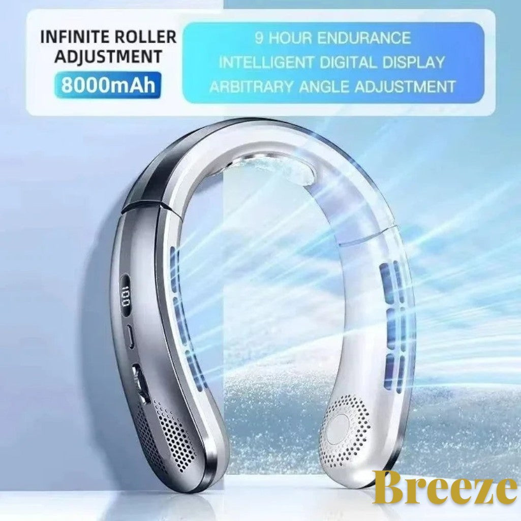 Gr8est Lenovo portable neck fan with digital display, 8000mAh battery, and adjustable airflow for hands-free cooling.