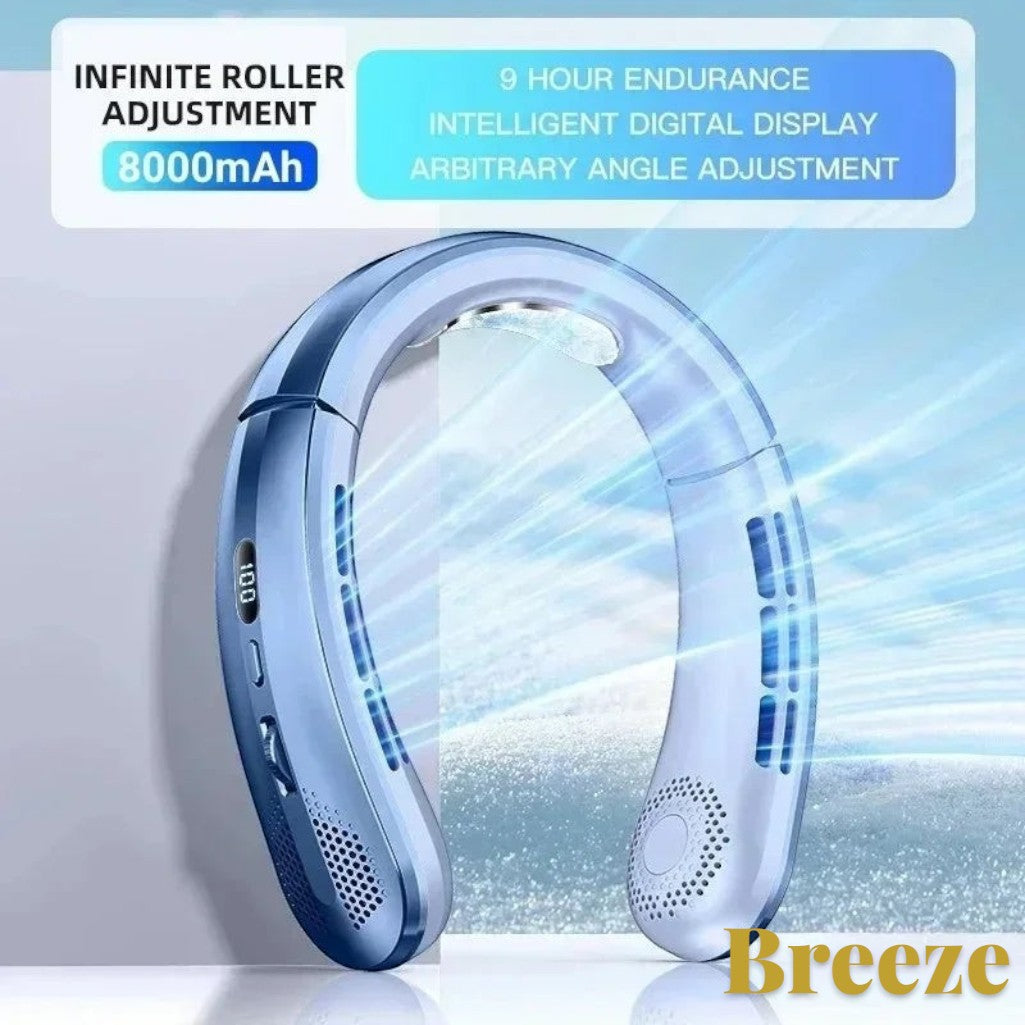Gr8est Lenovo portable neck fan in blue with digital display, 8000mAh battery, and adjustable airflow vents.