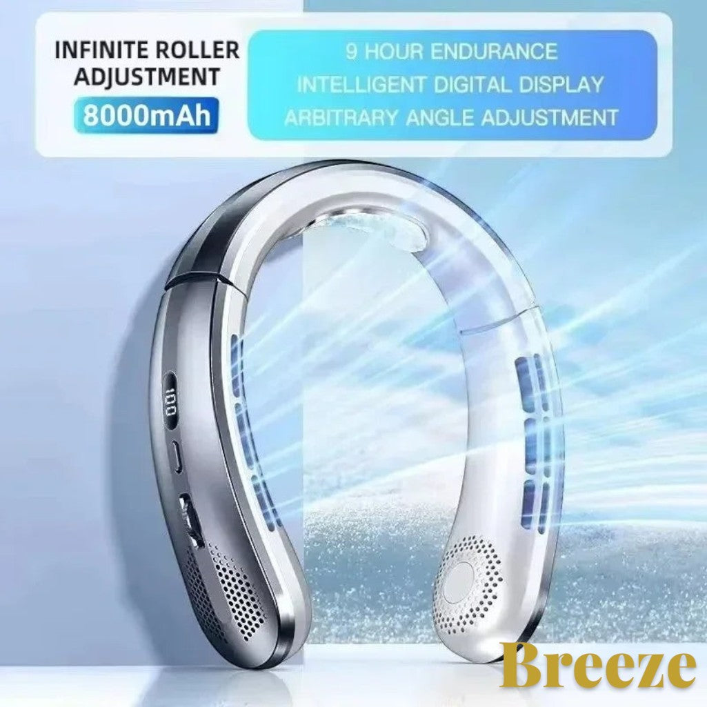 Gr8est Lenovo portable neck fan in silver with digital display, 8000mAh battery, and adjustable airflow vents.