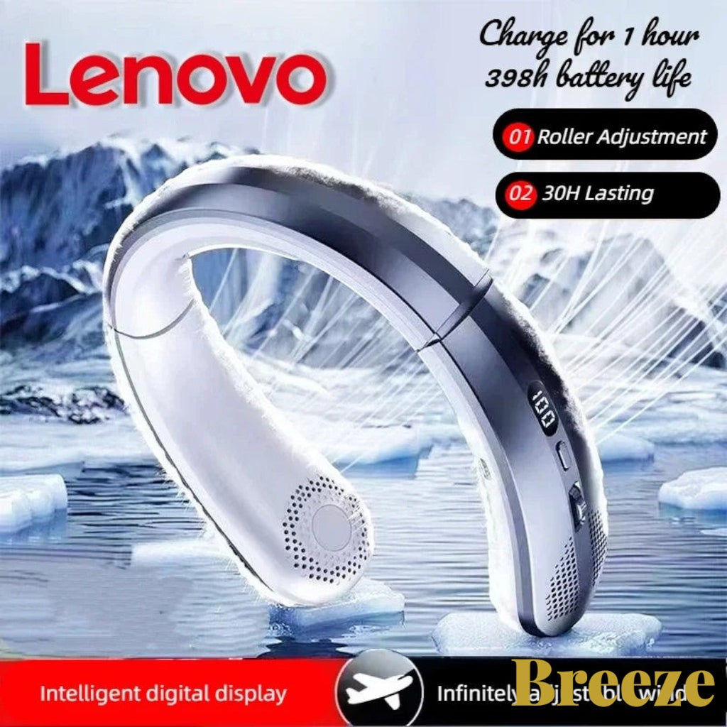 Gr8est Lenovo portable neck fan with LED digital display and adjustable wind speeds for hands-free cooling