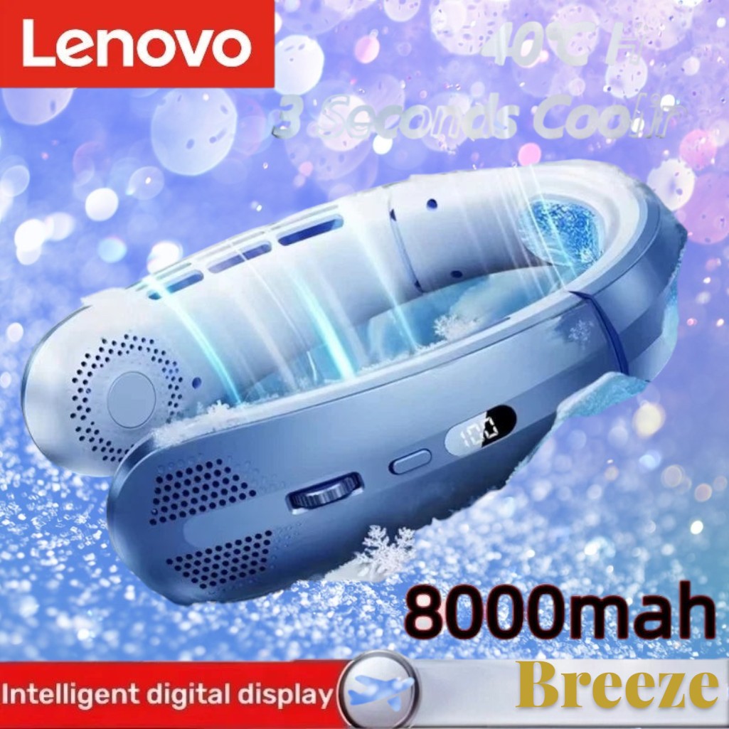 Gr8est Lenovo portable neck fan in blue with LED digital display and 8000mAh battery for hands-free cooling
