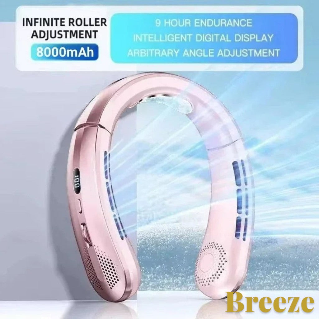 Gr8est Lenovo portable rose pink neck fan with LED digital display and adjustable airflow for hands-free cooling