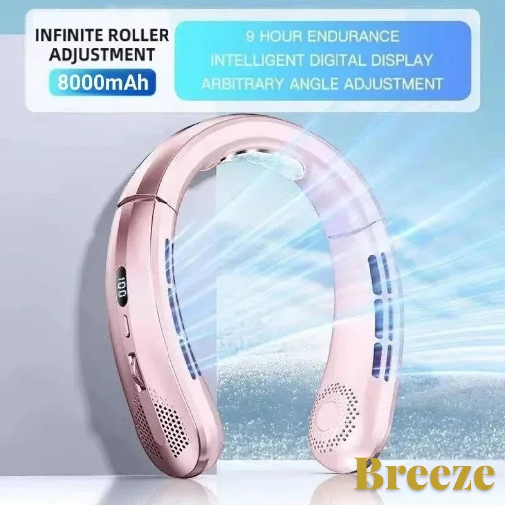 Gr8est Lenovo rose pink portable neck fan with digital display, 8000mAh battery, and adjustable airflow vents.