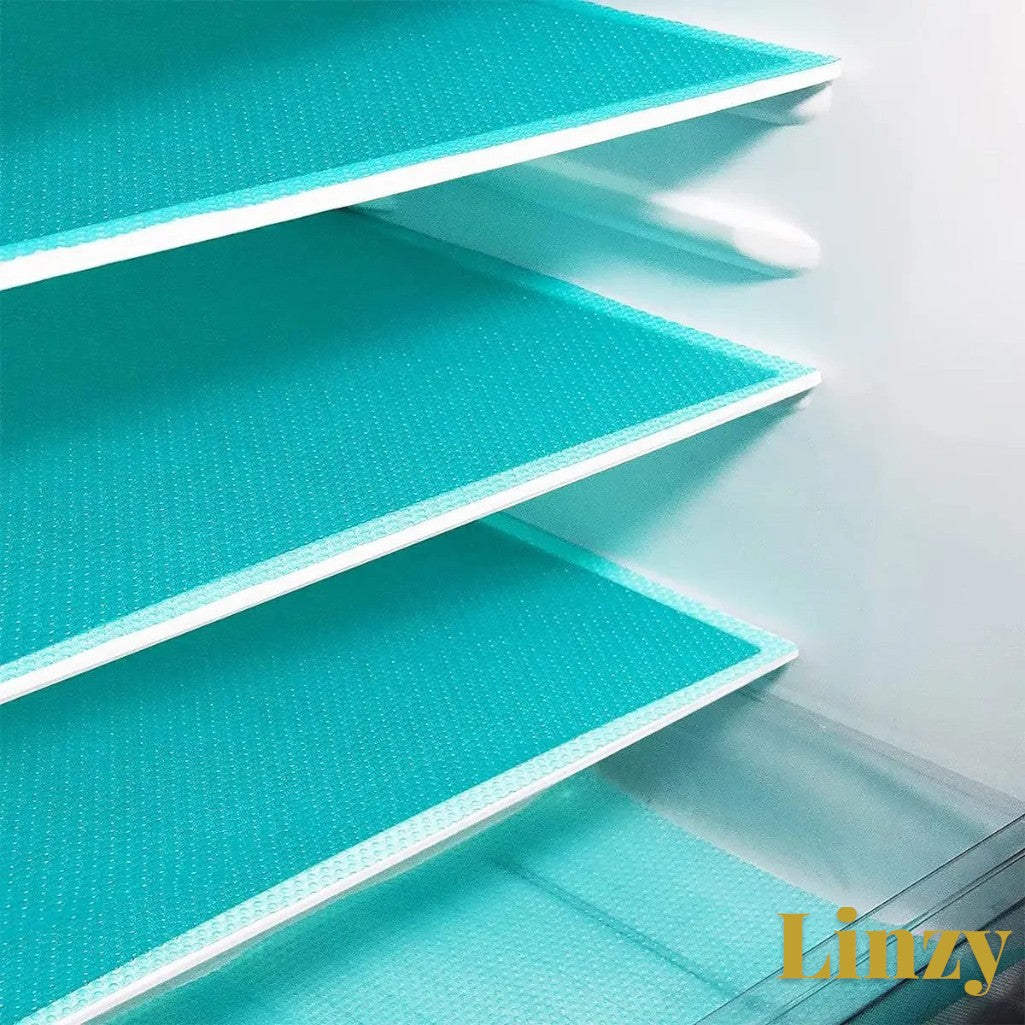 Gr8est Linzy turquoise EVA waterproof fridge liner mats installed on refrigerator shelves for easy cleaning
