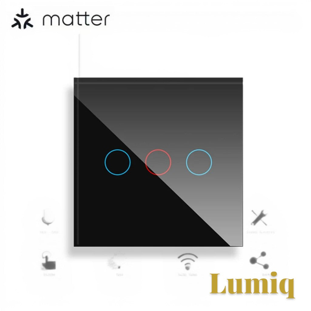 Gr8est Lumiq 3-gang black tempered glass smart touch switch with Matter protocol and LED status indicators.