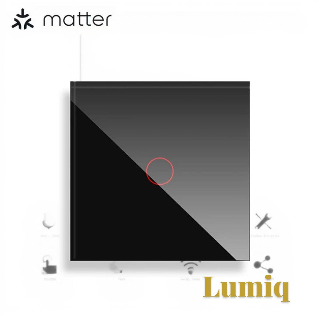 Gr8est Lumiq black tempered glass Matter smart touch switch with a single gang and illuminated red LED indicator.