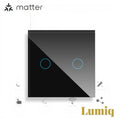 Gr8est Lumiq 2-gang black tempered glass smart touch switch with Matter protocol and glowing blue LED indicators